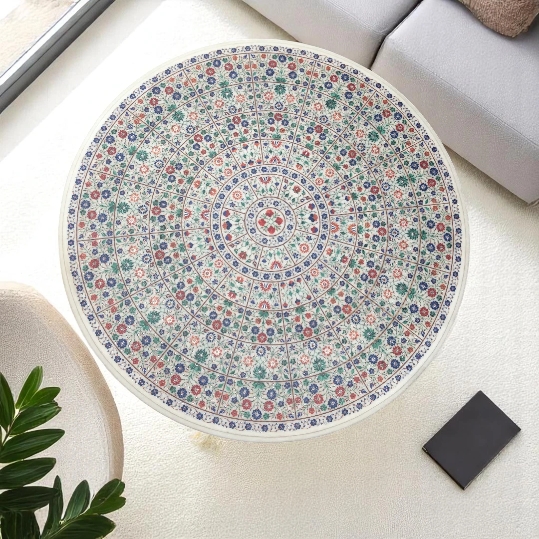 Round Marble Dining Table with Multi Semi-Precious Gemstones